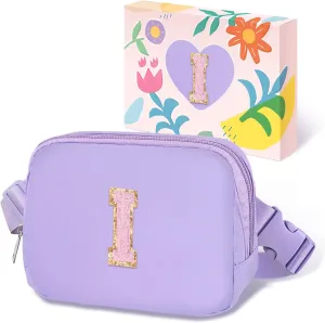 COSHAYSOO Valentines Birthday Initial Gifts for Teen Girls 5 6 7 8 9 10 11 12 13 14 Year Old Purple Fanny Pack for Girls Belt Bag Crossbody Travel Purse Unique Trendy Preppy Stuff Chenille Letter I