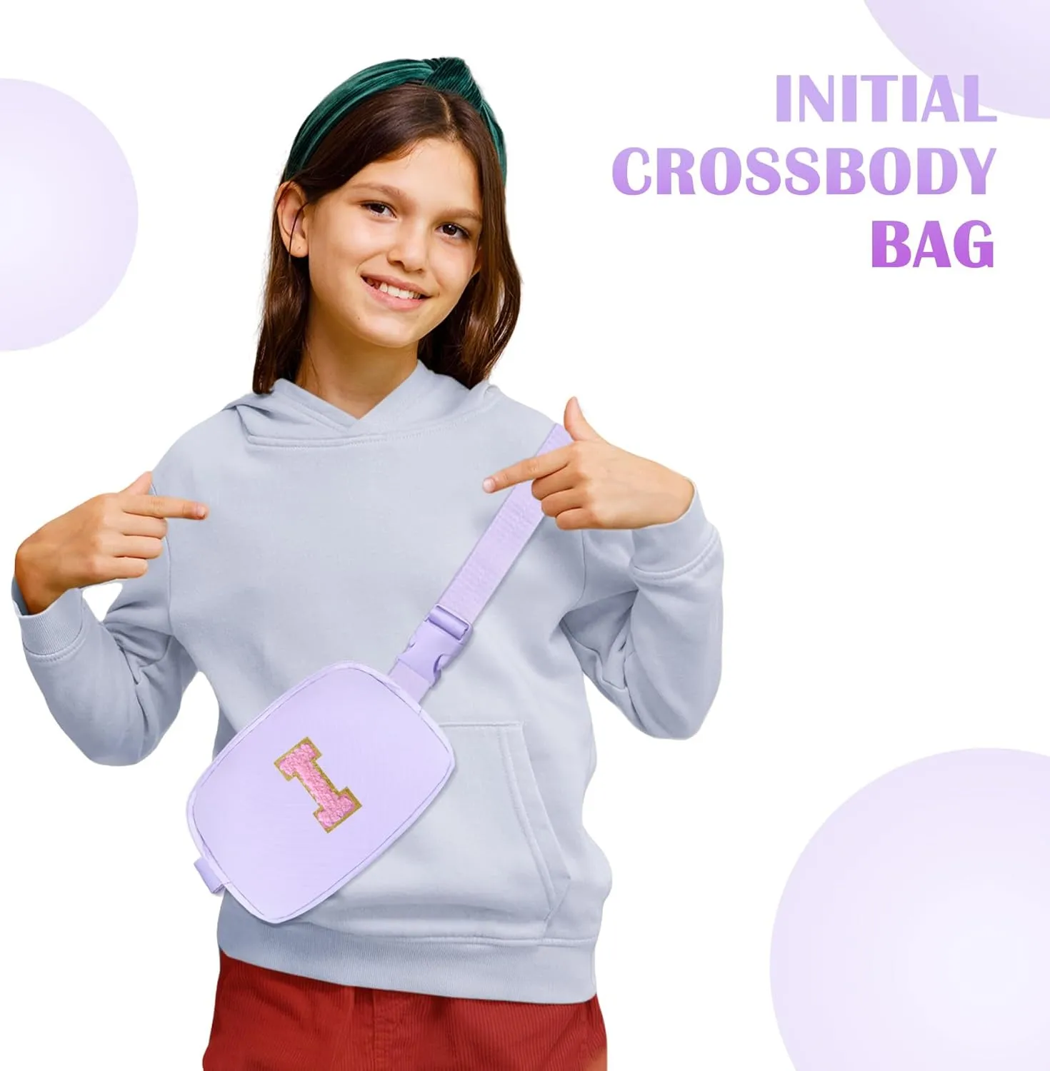 COSHAYSOO Valentines Birthday Initial Gifts for Teen Girls 5 6 7 8 9 10 11 12 13 14 Year Old Purple Fanny Pack for Girls Belt Bag Crossbody Travel Purse Unique Trendy Preppy Stuff Chenille Letter I