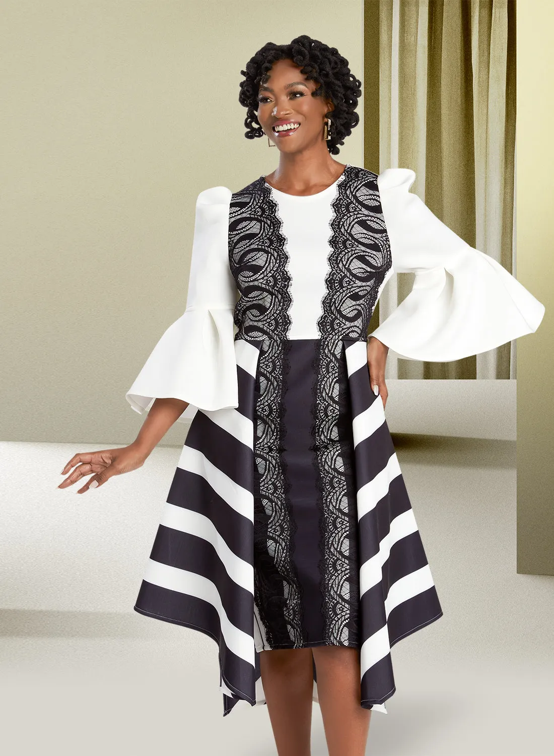 Donna Vinci 12110 - White Black - Scuba Lace Trim Dress
