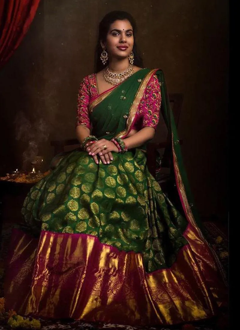 Green Color Jaquard Silk Lehenga Choli Set