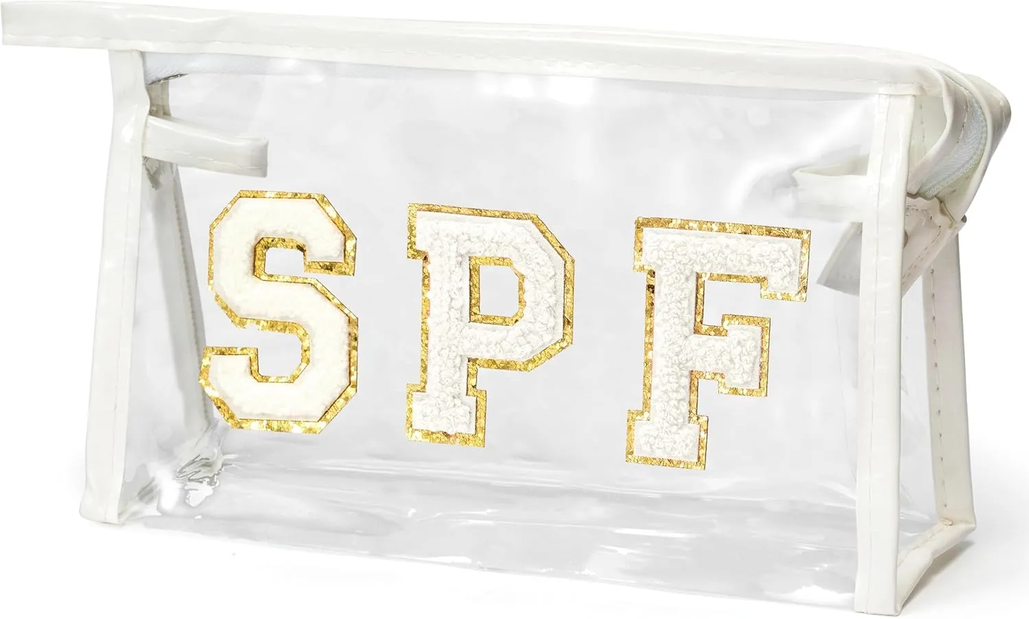 Preppy Patch SPF Cosmetic Bag, Summer SPF Varsity Letter Clear Toiletry Bag Waterproof PVC Cosmetic Case Multi-Function Zippered Pouch Makeup Bag for Beach Pool, Pencil Case Pen Pouch(White)