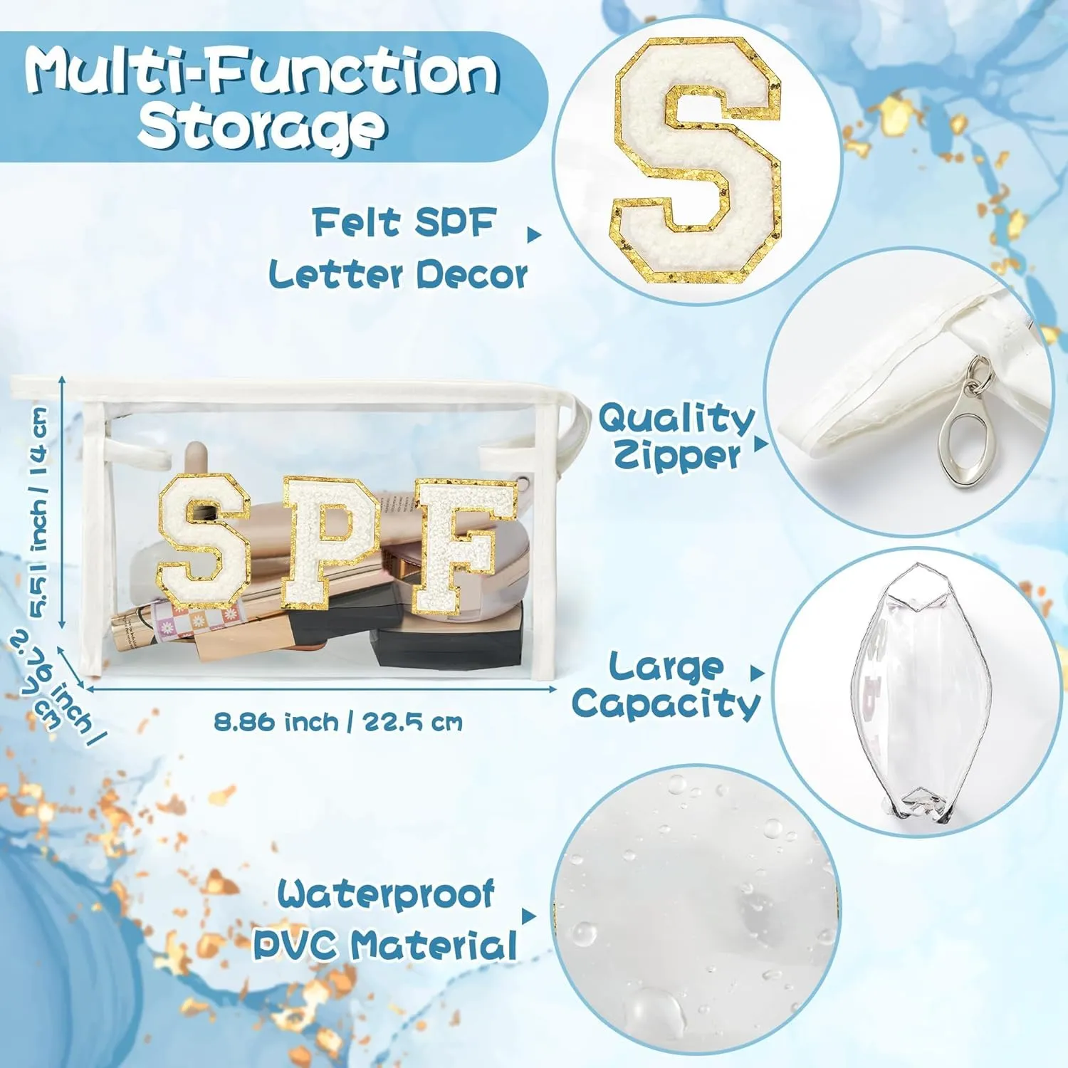 Preppy Patch SPF Cosmetic Bag, Summer SPF Varsity Letter Clear Toiletry Bag Waterproof PVC Cosmetic Case Multi-Function Zippered Pouch Makeup Bag for Beach Pool, Pencil Case Pen Pouch(White)