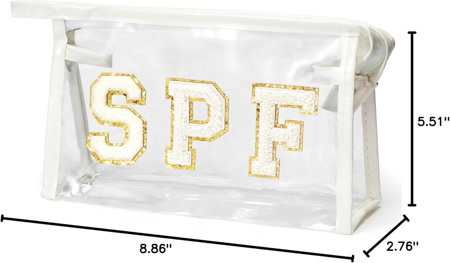 Preppy Patch SPF Cosmetic Bag, Summer SPF Varsity Letter Clear Toiletry Bag Waterproof PVC Cosmetic Case Multi-Function Zippered Pouch Makeup Bag for Beach Pool, Pencil Case Pen Pouch(White)