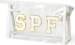 Preppy Patch SPF Cosmetic Bag, Summer SPF Varsity Letter Clear Toiletry Bag Waterproof PVC Cosmetic Case Multi-Function Zippered Pouch Makeup Bag for Beach Pool, Pencil Case Pen Pouch(White)