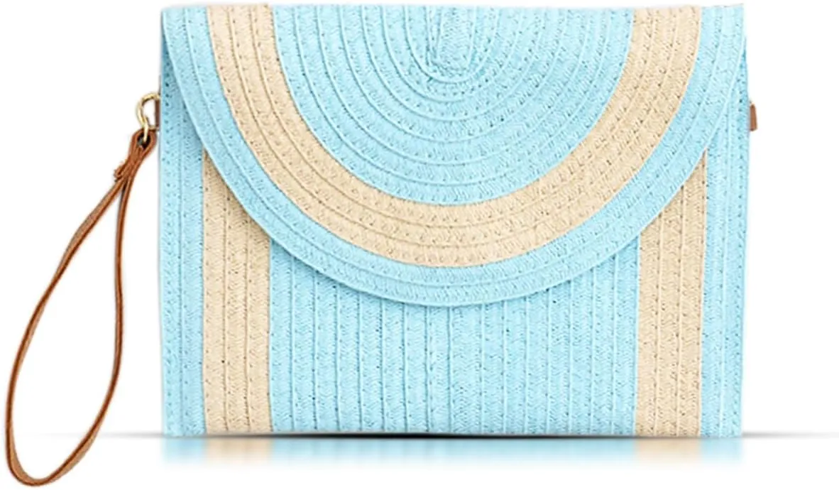 Straw Clutch Purses for Women, Crossbody Bags, Bohemian Handmade Envelope Package, Leather Wristbands, Summer Beach Handbags Suitable for Vacation Travel Daily Matching(Blue)